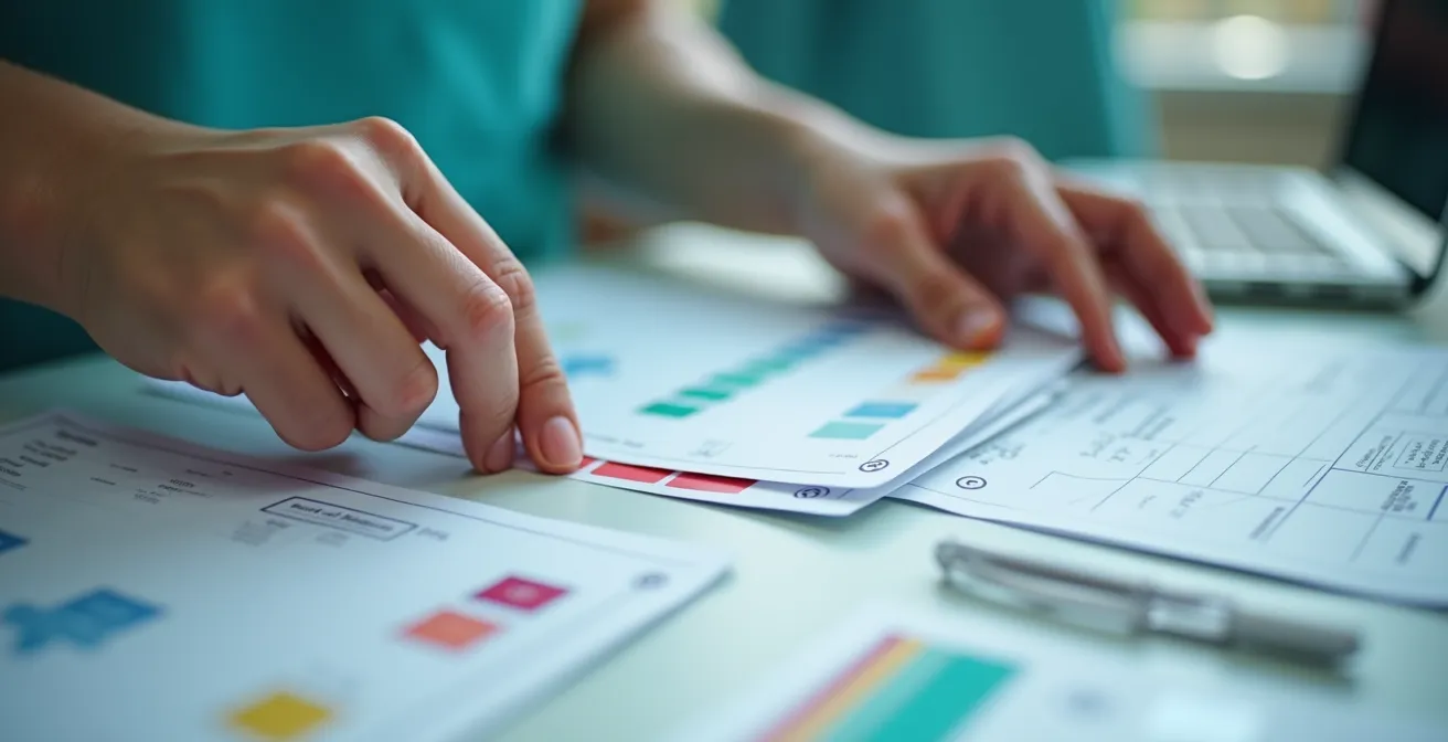 Gros plan sur des mains organisant des documents médicaux sur une table