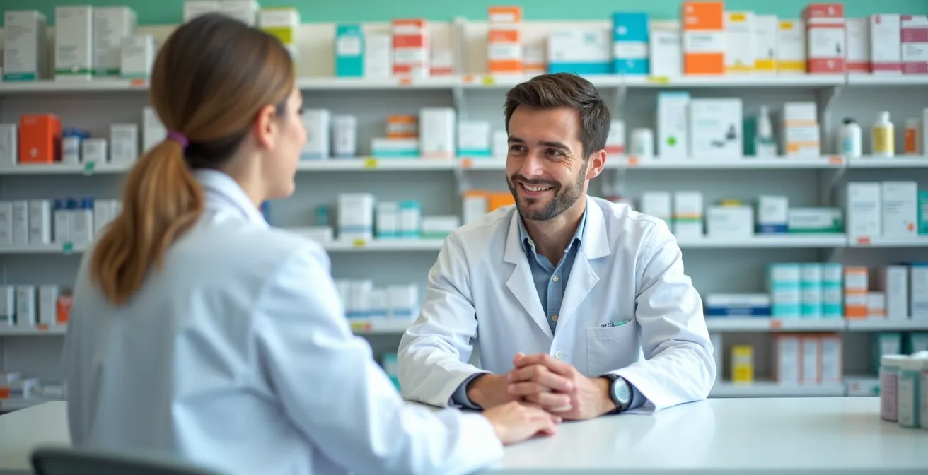 Pharmacien consultant avec patient dans une pharmacie québécoise moderne