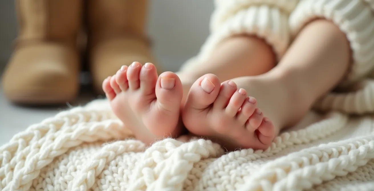 Pieds nus sur surface texturée montrant des ongles naturels sains