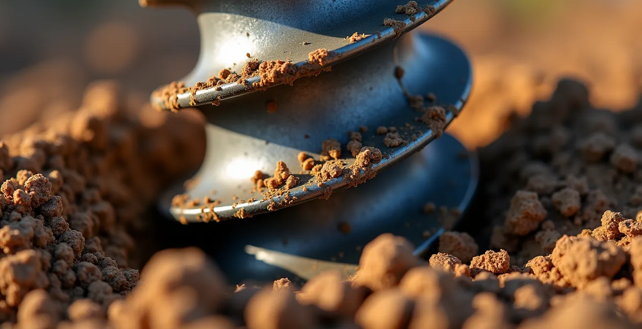 Installation de pieux vissés dans le sol avec équipement spécialisé