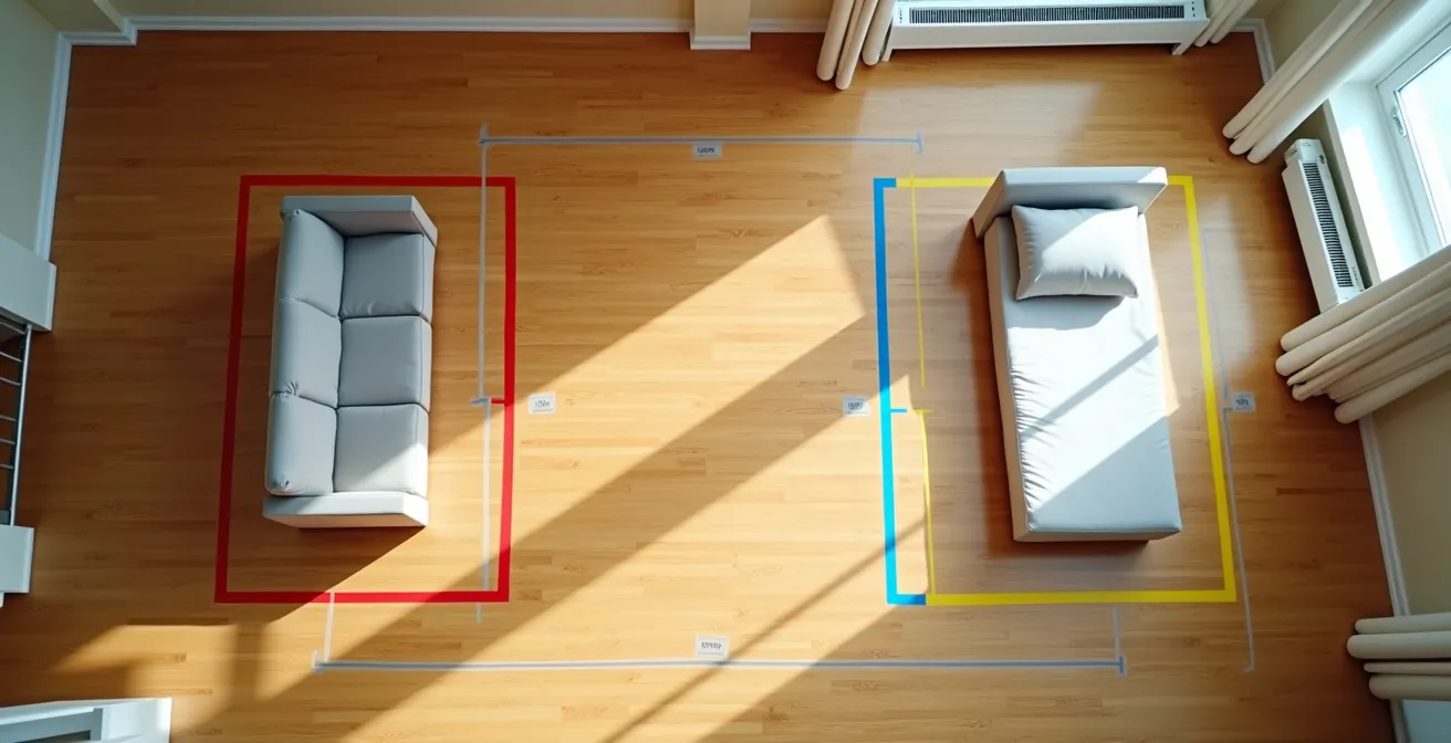 Vue plongeante d'un studio avec marquage au sol coloré délimitant les zones de circulation autour d'un canapé-lit