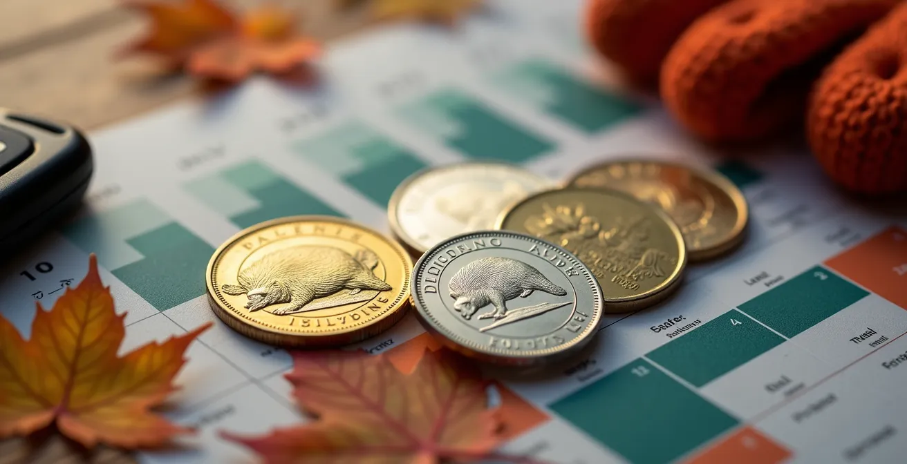 Vue macro d'un calendrier avec pièces de monnaie canadiennes et feuilles d'érable