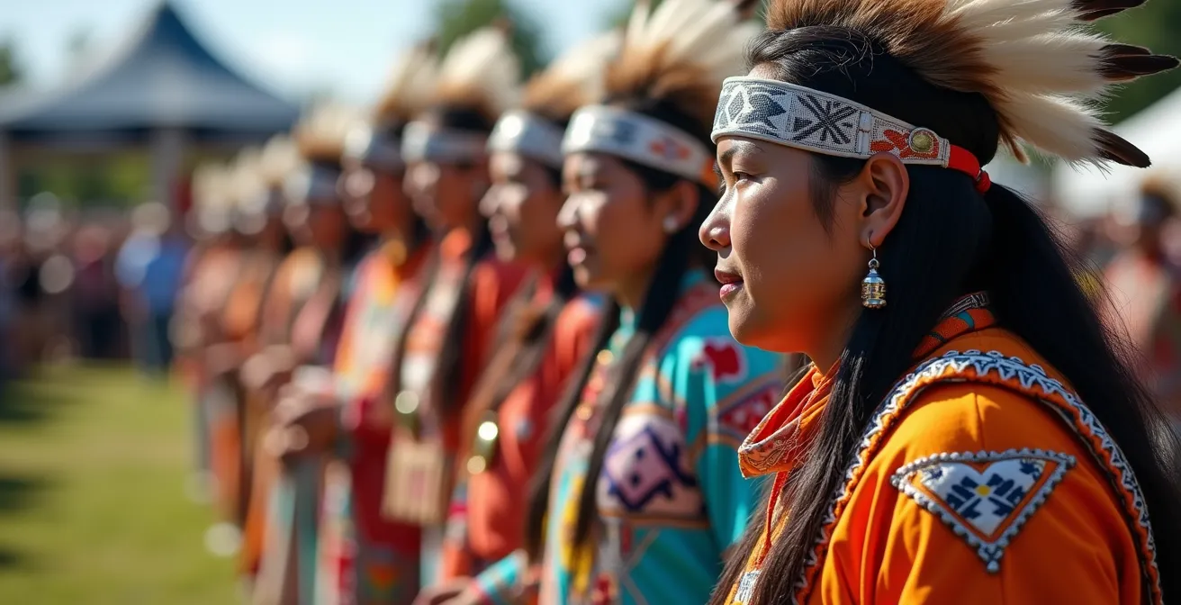 Danseurs autochtones en regalia traditionnelle pendant la Grande Entrée d'un Pow-Wow canadien