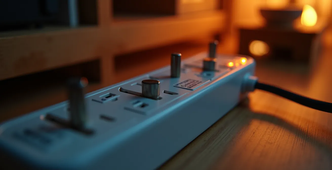 Multiprise intelligente moderne dans un salon canadien avec dispositifs électroniques en arrière-plan flou