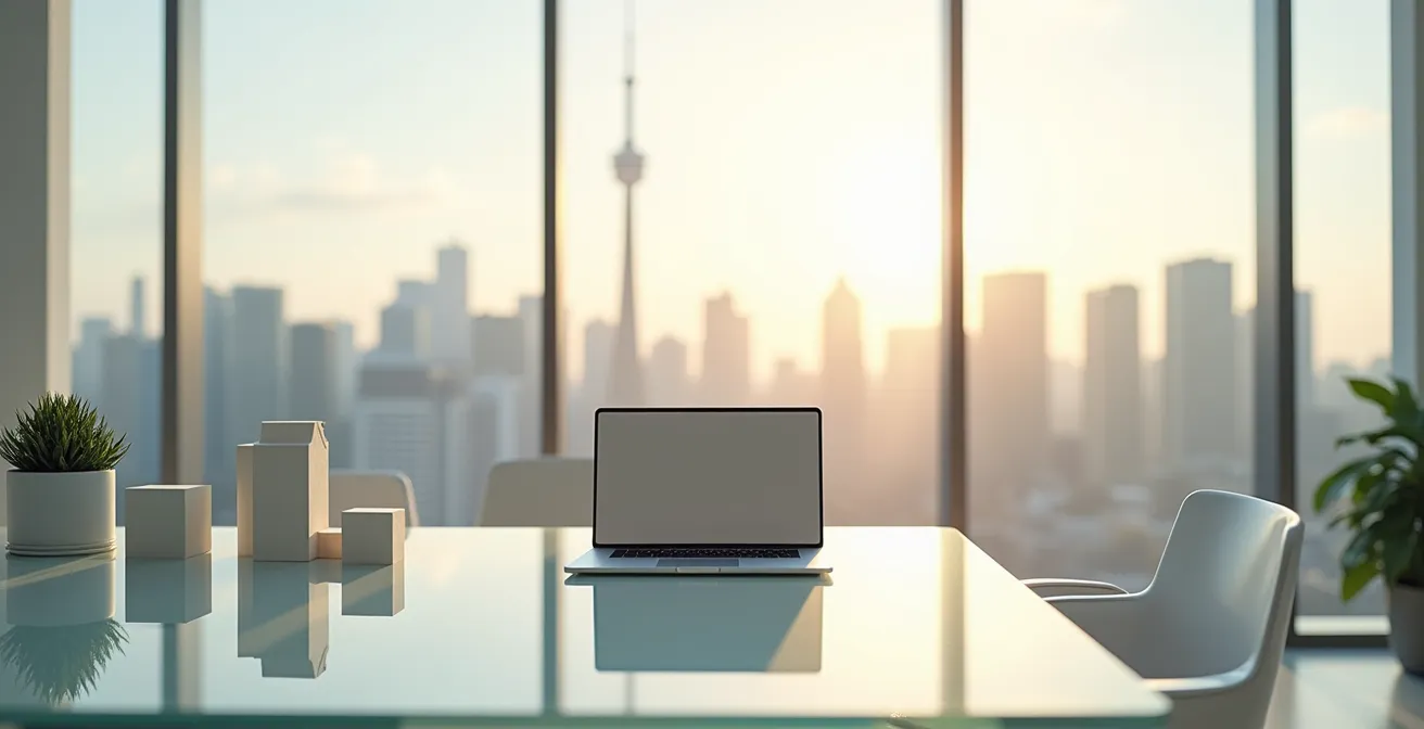 Bureau minimaliste avec vue sur le centre-ville de Toronto, documents financiers abstraits