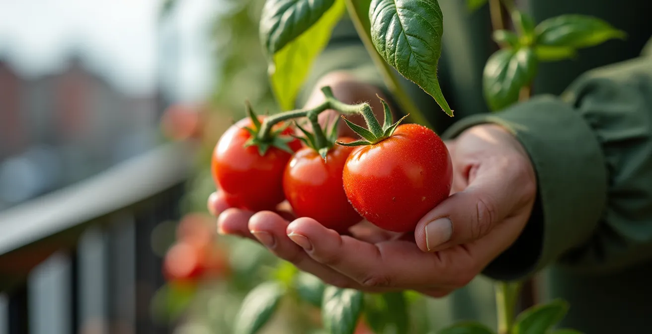 Gros plan sur des mains récoltant des tomates cerises rouges avec du basilic frais sur un balcon ensoleillé