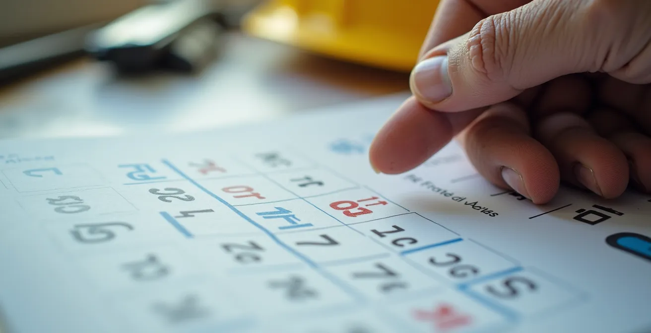 Calendrier de travail montrant l'horaire 4x10 avec accent sur le weekend de trois jours