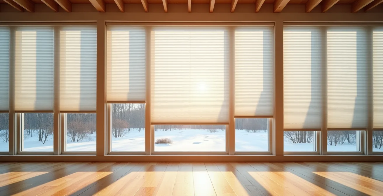 Vue d'ensemble d'un salon québécois avec stores cellulaires installés, lumière hivernale douce filtrant à travers