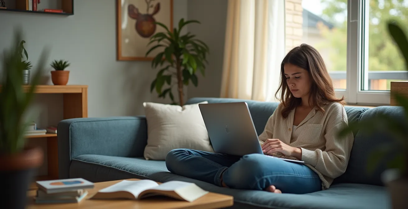 Studio étudiant moderne avec canapé-lit compact et espace de travail intégré
