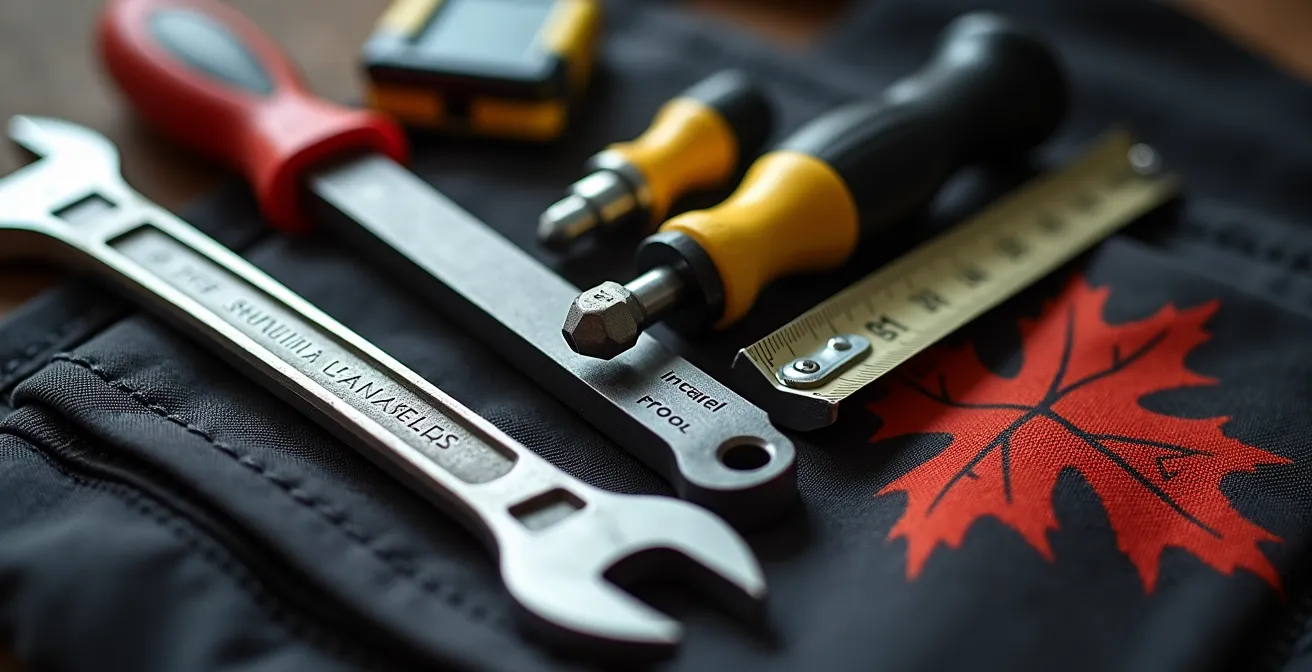 Technicien professionnel avec outils de travail dans une entrée de maison canadienne