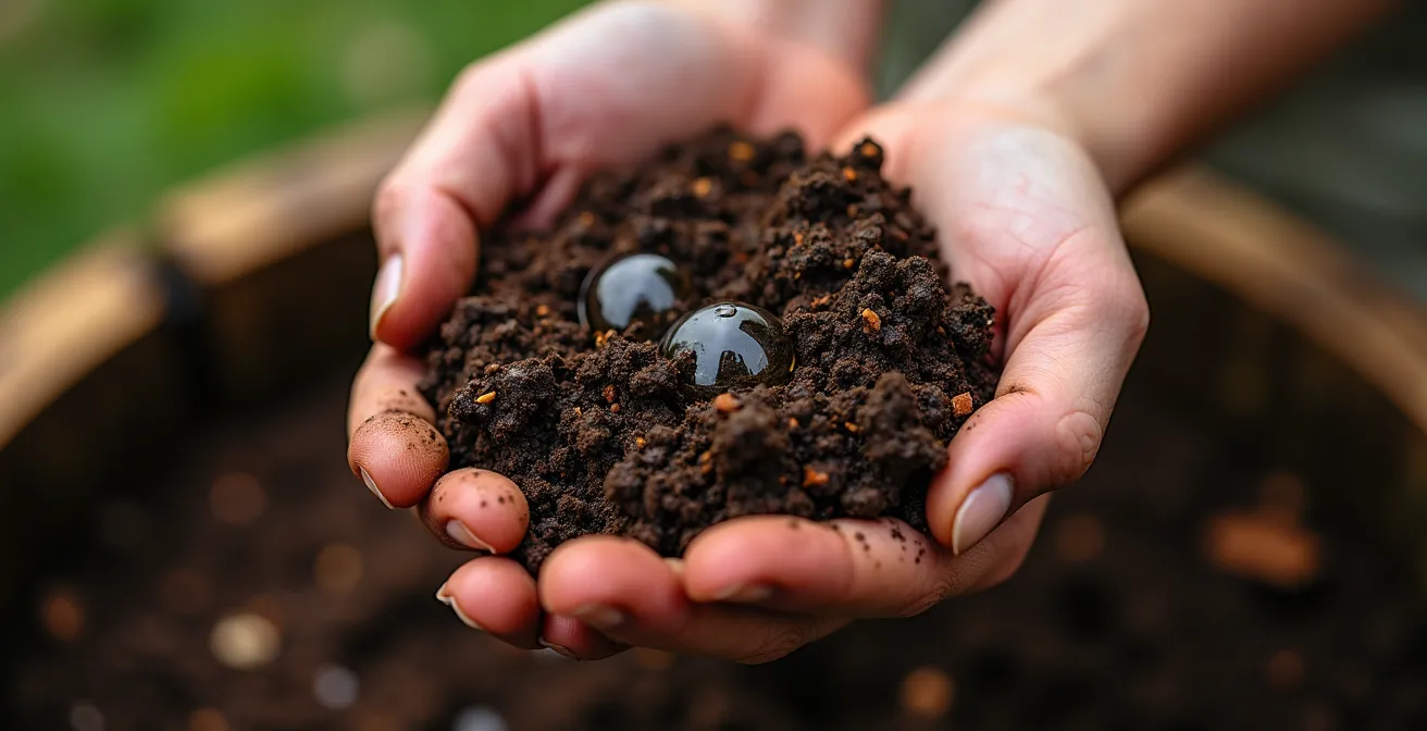 Main pressant du compost pour tester l'humidité avec des gouttes d'eau visibles