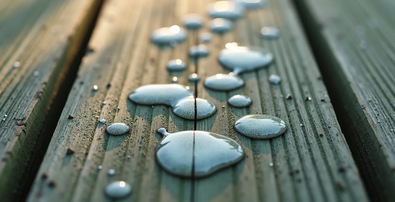 Test de la goutte d'eau sur planche de bois traité pour vérifier le séchage