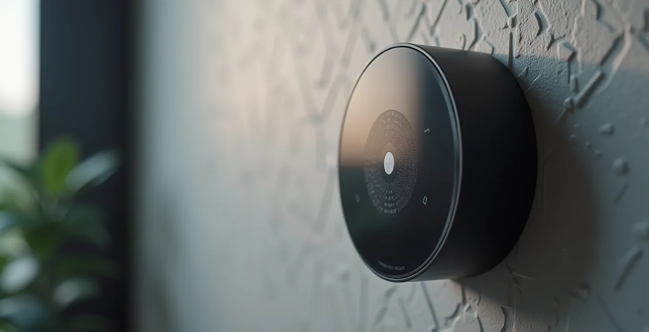 Gros plan sur un thermostat intelligent moderne avec capteurs de présence
