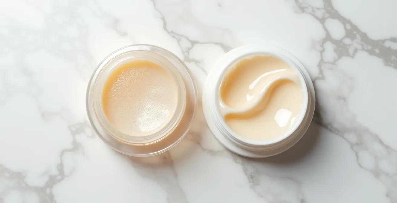 Comparaison visuelle entre texture gel légère et crème riche sur surface marbrée