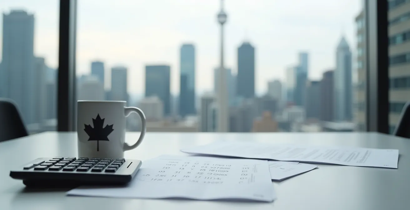 Environnement de bureau épuré avec documents financiers flous et calculatrice