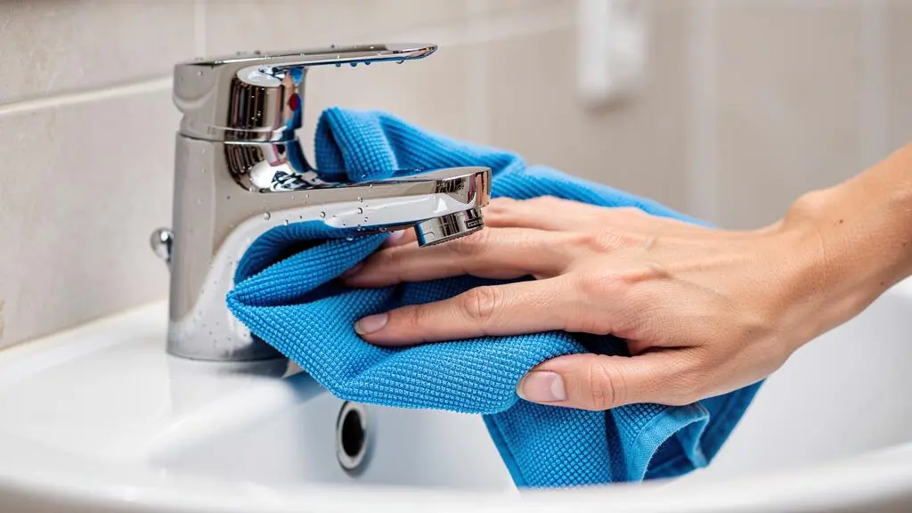 Mains d'un professionnel nettoyant en détail un robinet chromé et un lavabo de salle de bain avec un chiffon microfibre