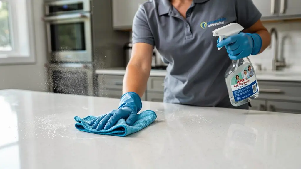 Professionnelle de nettoyage essuyant un comptoir de cuisine résidentielle avec un chiffon microfibre et un produit nettoyant