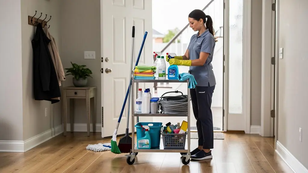 Professionnel de nettoyage organisant un chariot de produits et équipements de nettoyage dans l'entrée d'une maison