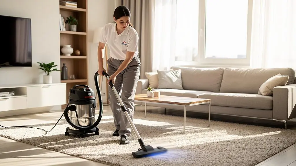 Technicien de nettoyage professionnel passant l'aspirateur sur le tapis d'un salon résidentiel