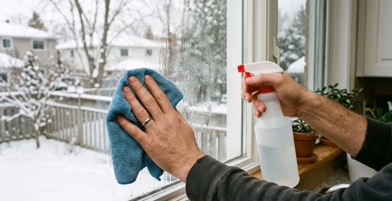 Close-up of hands spraying a cleaning solution and wiping a glass surface with a microfibre cloth, a snowy backyard visible through the window.