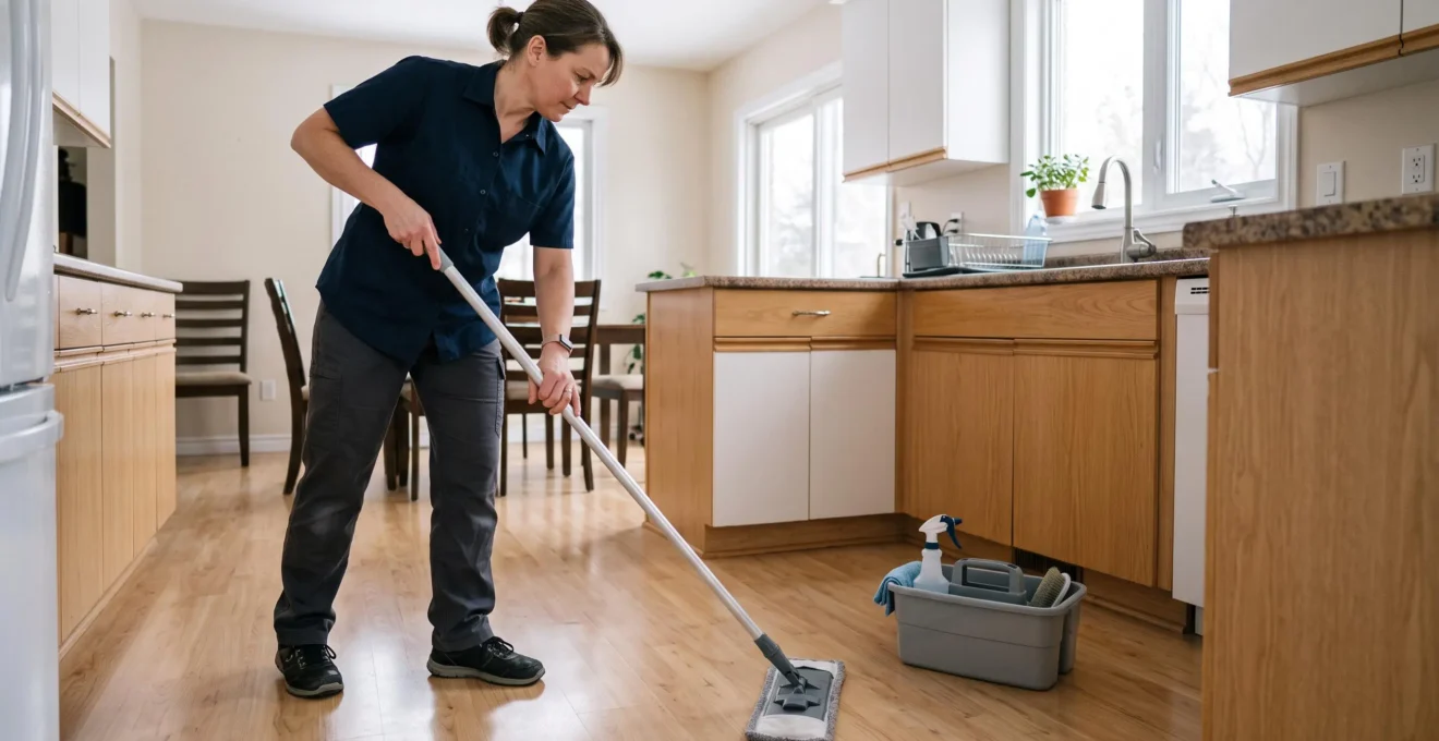 A professional house cleaner mops a kitchen floor with a flat microfibre mop in a bright suburban home during winter.