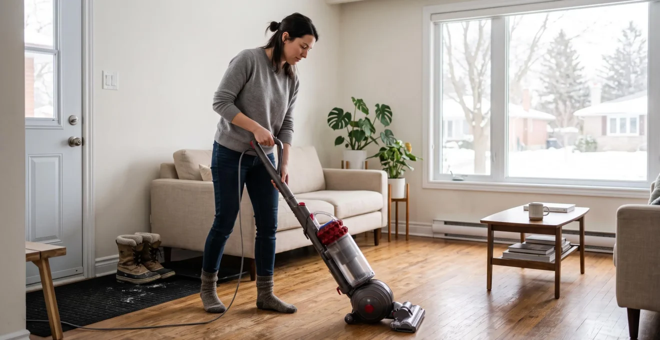 A woman vacuums a hardwood floor in a bright suburban living room near a winter boot tray by the entry door.