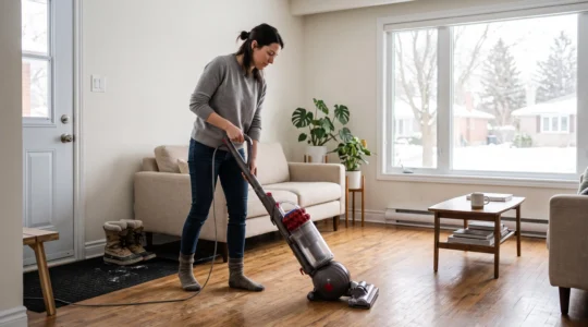 A woman vacuums a hardwood floor in a bright suburban living room near a winter boot tray by the entry door.
